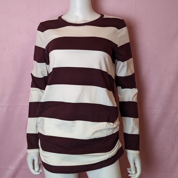 Old Navy Maternity Cream and Maroon Striped Ruched Sides Long Sleeve Tee Medium - Picture 1 of 7